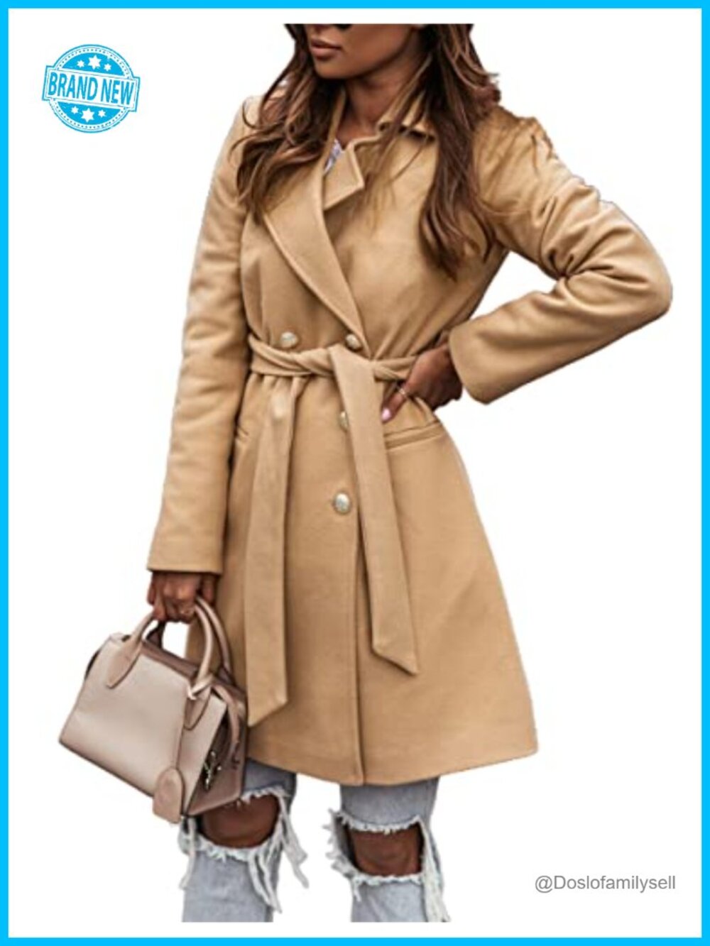 Womens Wool Blend Pea Coat Long Sleeve Button Trench Belted Winter Coat